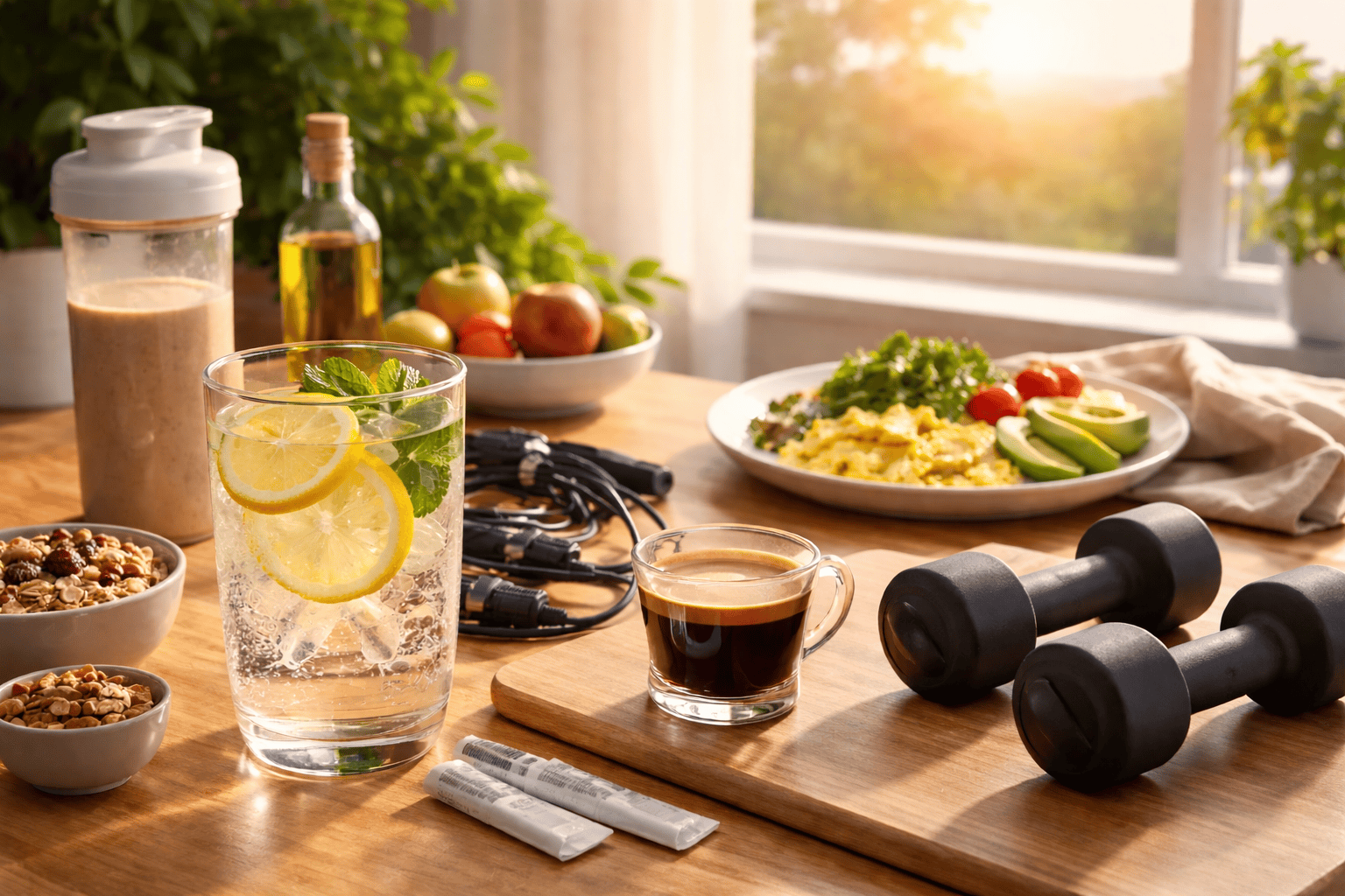 Weekday morning routine focused on metabolic health, strength training, and longevity