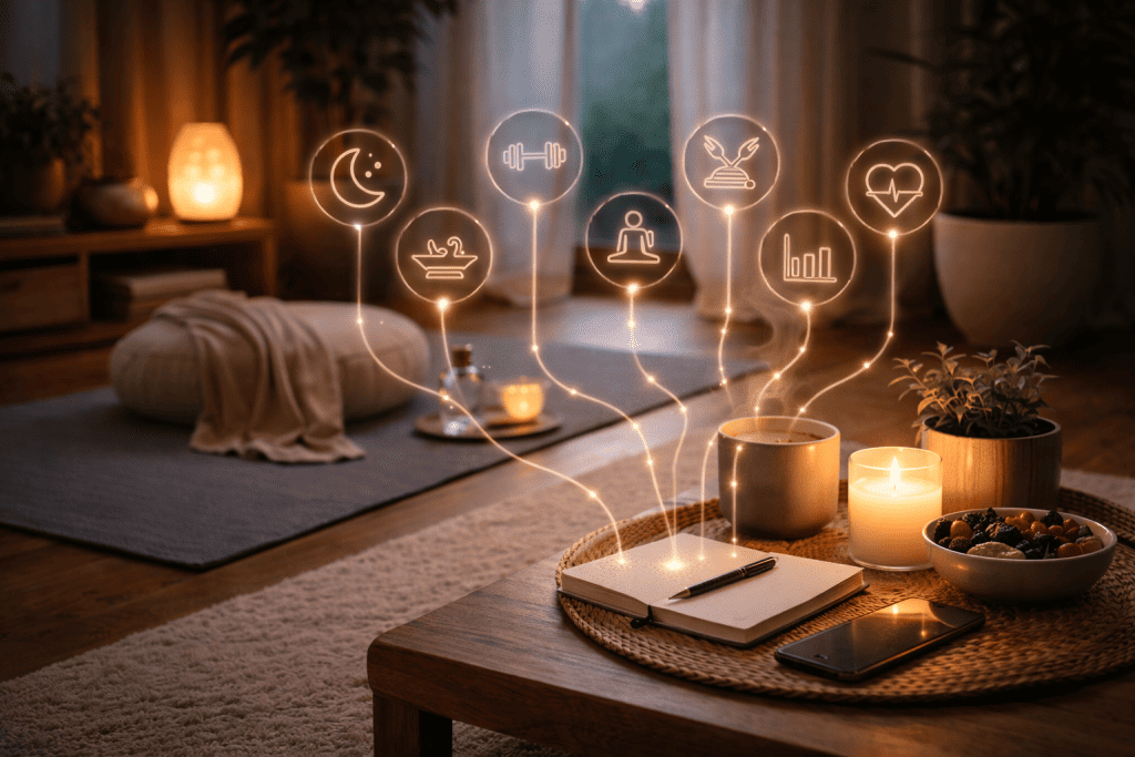 Calm wellness hub representing sleep, nutrition, recovery, stress management, and health tracking for Indians living in the US