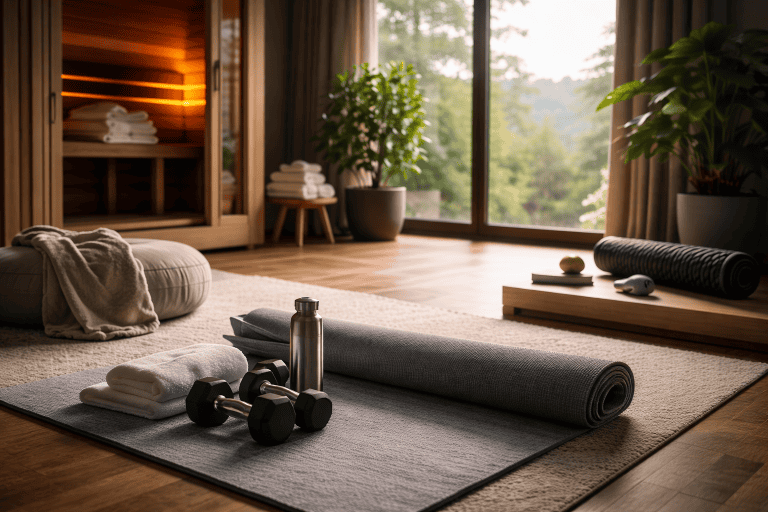 Calm recovery routine with strength training, rest days, and wellness practices for metabolic health