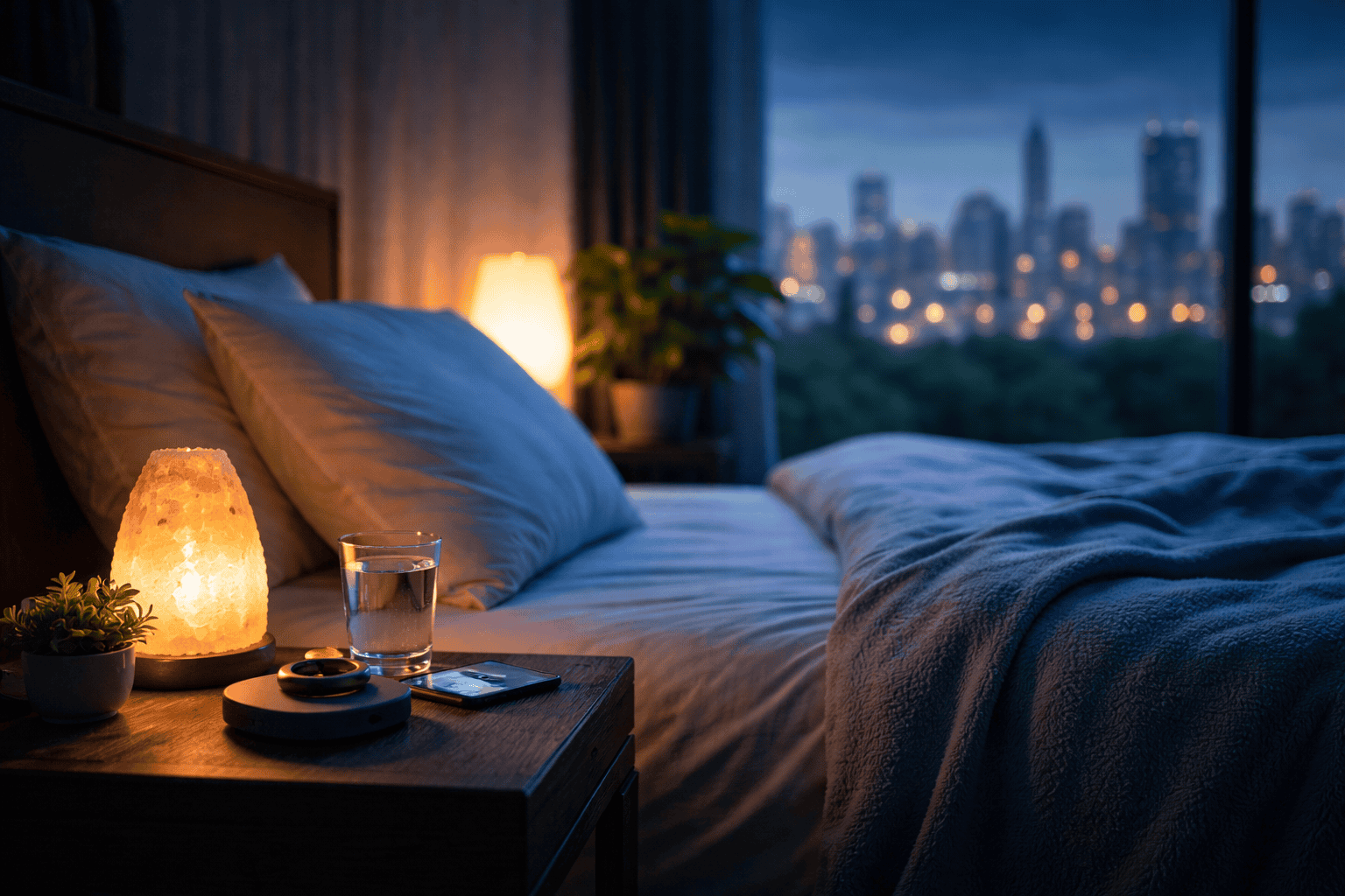 Calm nighttime bedroom environment optimized for deep sleep, recovery, and metabolic health for Indians living in the US