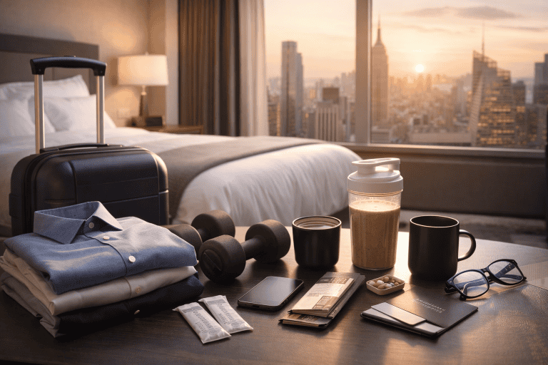 Healthy travel routine on a business trip with protein shake, coffee, walking shoes, and light fitness gear to support metabolic health