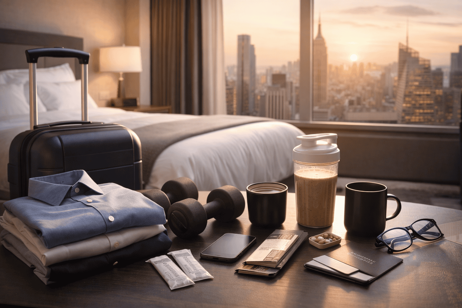 Healthy travel routine on a business trip with protein shake, coffee, walking shoes, and light fitness gear to support metabolic health